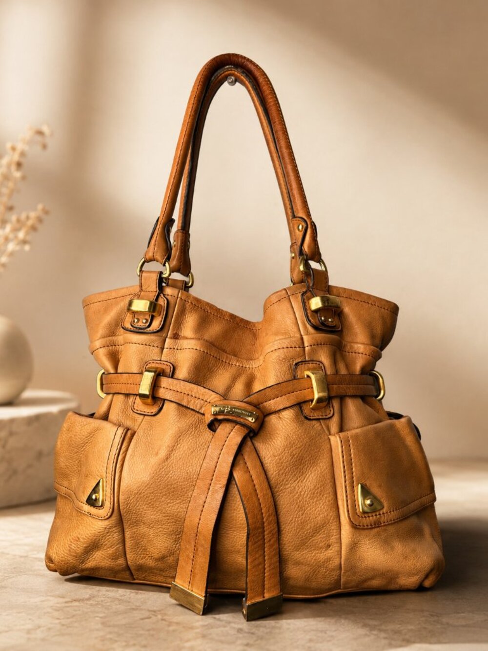 B. Makowsky Camel Tan Leather Hobo Shoulder Bag Purse